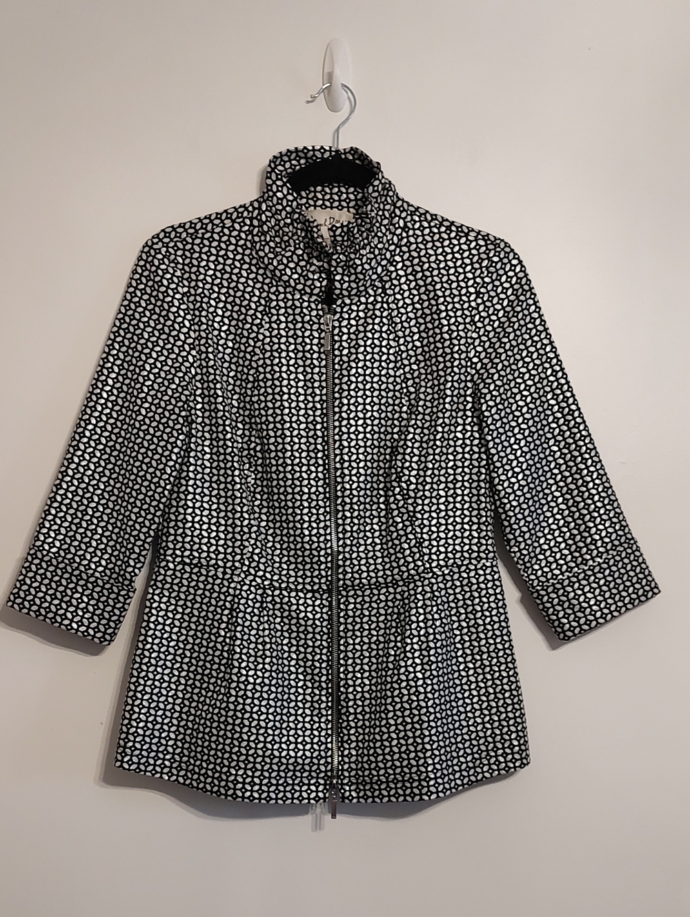 Joseph Ribkoff Black and White Patterned Zip-Front Trench Coat